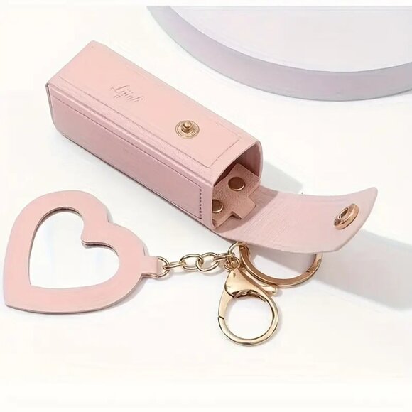 Cute Pink Mini Lipstick Holder Sleeve Keychain with Heart Shaped Mirror - Picture 5 of 7
